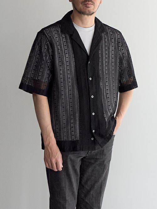 LARDINI オープンカラー半袖シャツ ブラック　Sサイズ LARDINIラルディーニ メッシュ編みオープンカラーシャツ BLACK | ITAL