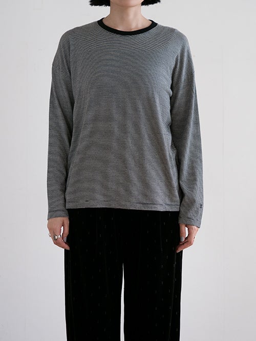TICCA（ティッカ）ウォッシャブルウールロングTシャツ（細ボーダー柄）正面着用イメージ