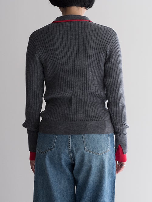 SALT+JAPAN ソルトプラスジャパン バイカラーポロリブニット バック着用イメージ（チャコールグレー×レッド）